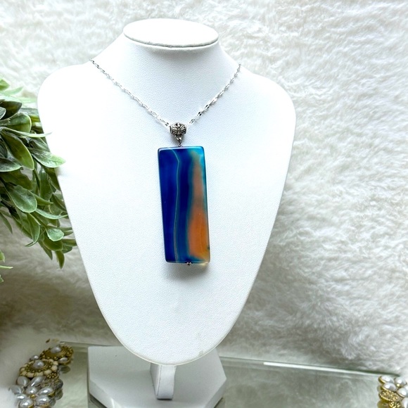 Glass Blue and Orange Pendant Necklace with SS Chain - Picture 3 of 8